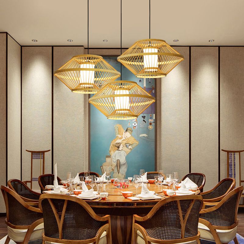 1-Light Bamboo Japanese Pendant Light Beige Down Lighting for Dining Room