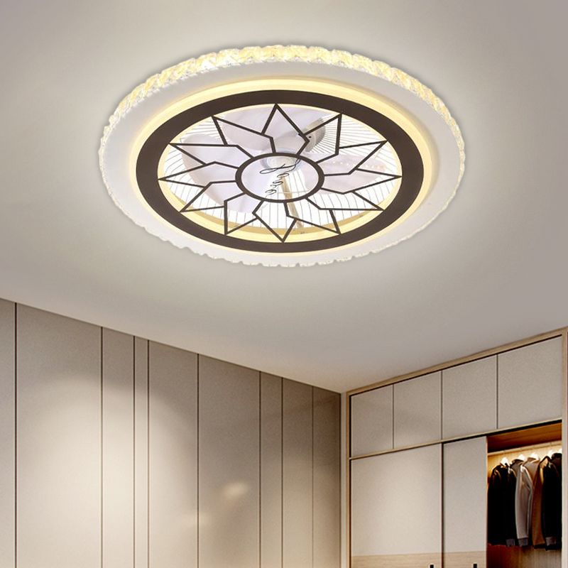 21.5' W LED Crystal Blocks Hanging Fan Lamp Contemporary White Round Dinning Room Semi Flush Light with 7 Blades