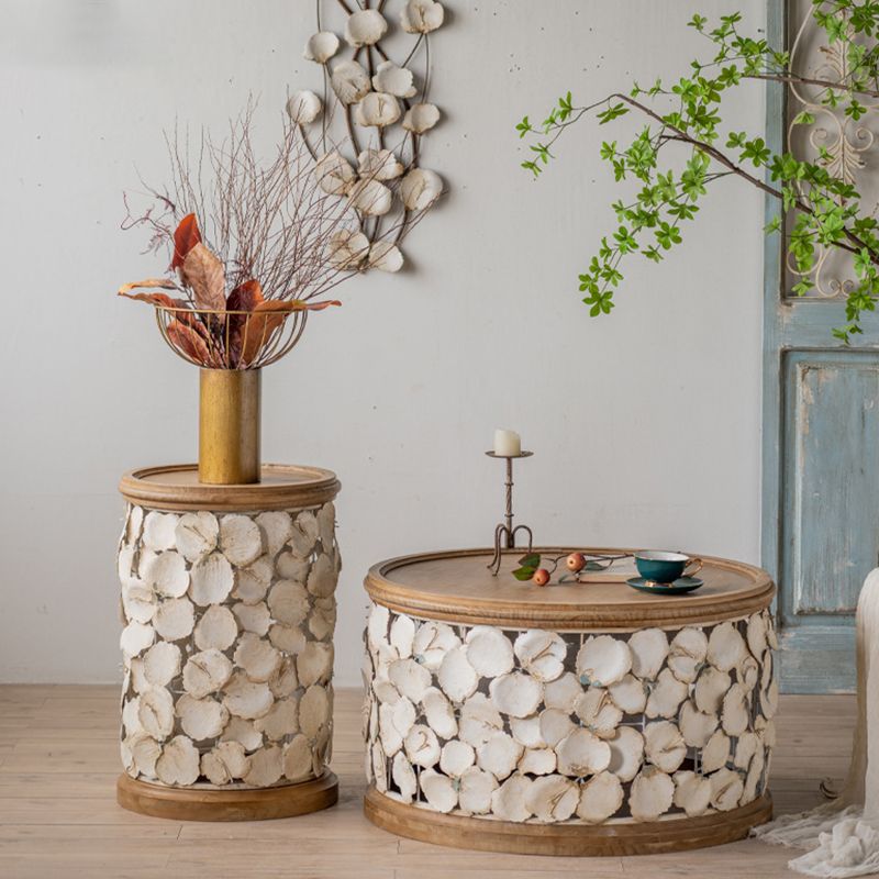 Rustic Solid Wood Round Top Distressed Drum End Table with Metal Base