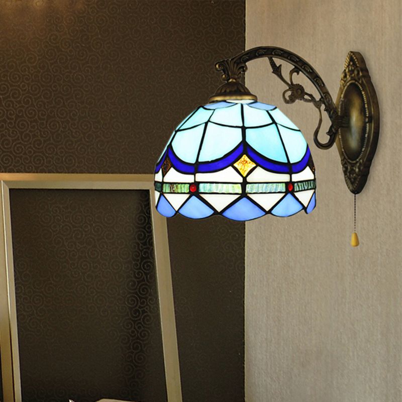 1 Light Dome Wall Lamp with Pull Chain Baroque Style Stained Glass Wall Sconce Light in Sky Blue/Navy Blue