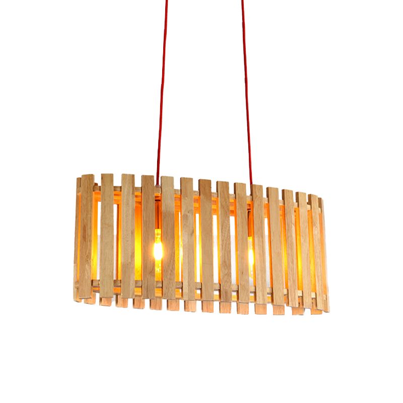 Bamboo Linear Island Lighting with Oval Shade Asian Stylish 2-Light Wood Pendant Lamp over Dining Table