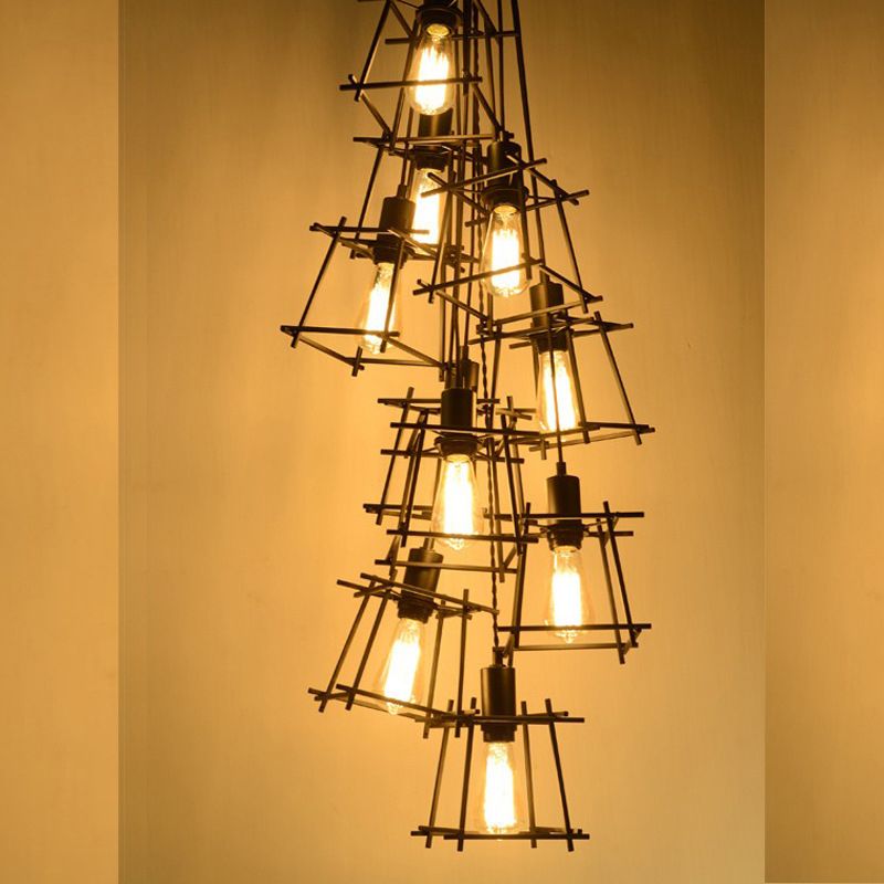 Metal Square enjaulado Candelier Industrial Industrial de comedor de 10 luces Luz colgante en negro