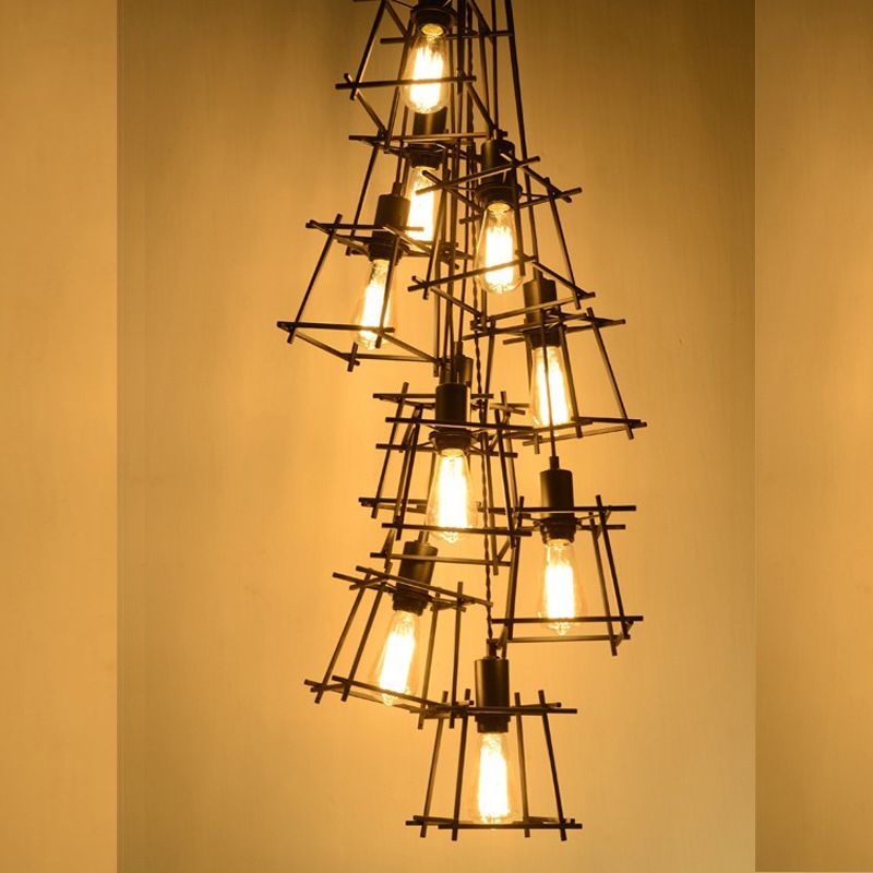 Metal Square Caged Hanging Chandelier Industrial 10-Light Dining Room Pendant Light in Black