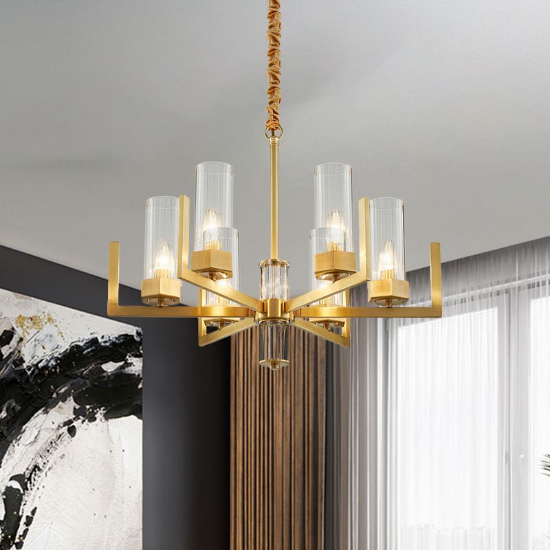 6-Light Clear Glass Chandelier Lamp Colonialism Gold Column Living Room Ceiling Pendant Light
