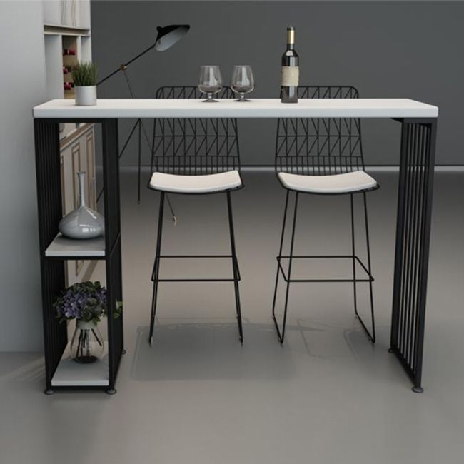 White Rectangle Bar Height Table Artificial Wood Pub Table with 2-shelf