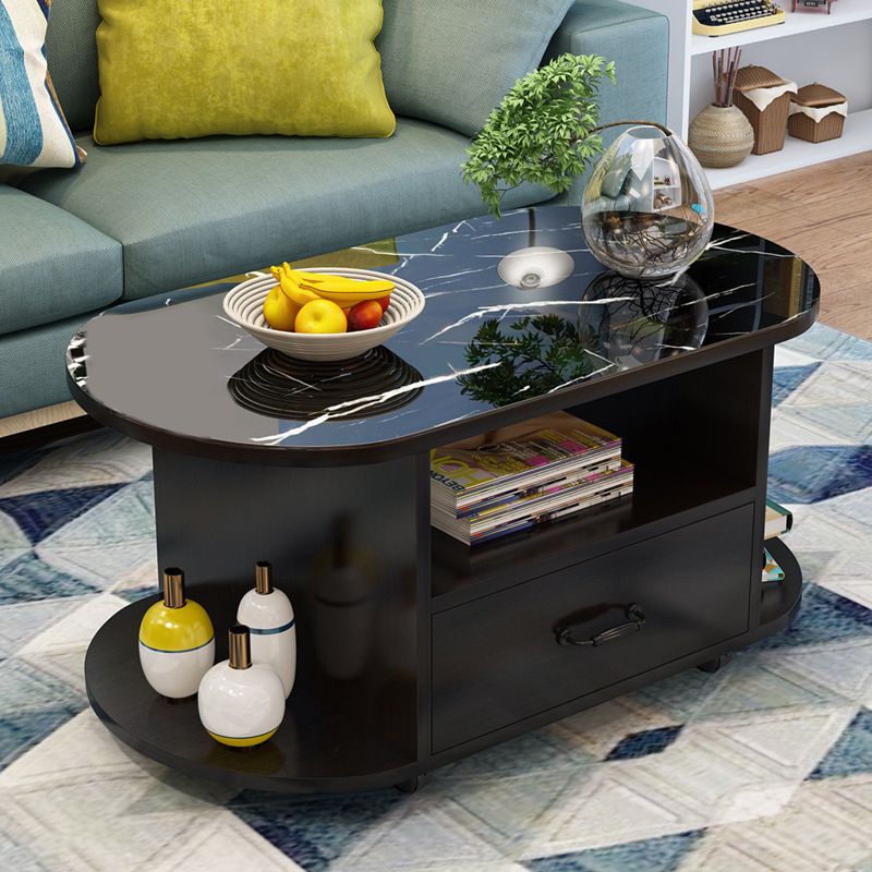 modern oval gals top coffee table with shelf and drawer and Casters