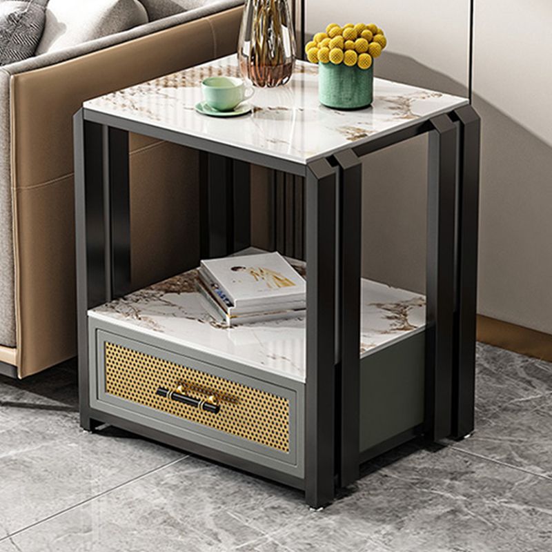 Frame Glam Style Side Table 21.6" Tall Stone Top Side Table with Storage