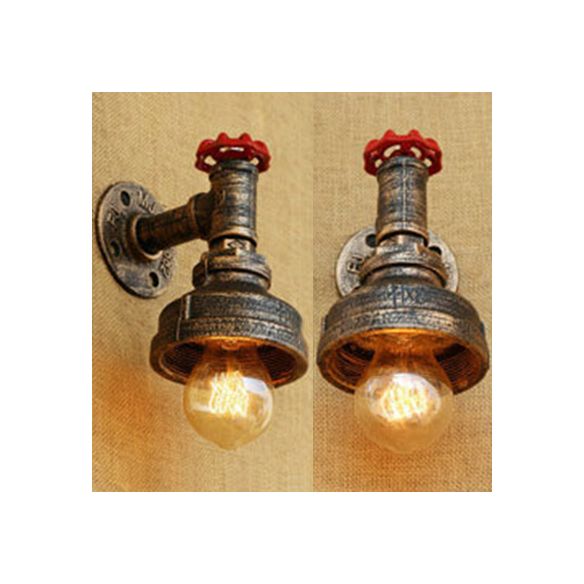Water Pipe Metal Wall Lighting Rustic Style 1 Light Restaurant Wall Mounted Lamp with Red Valve in Bronze/Antique Brass