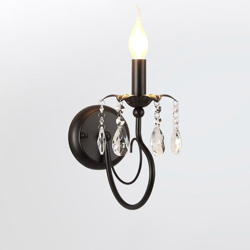 Single-Bulb Candle Wall Sconce Farmhouse Black Metal Wall Light with Crystal Twig