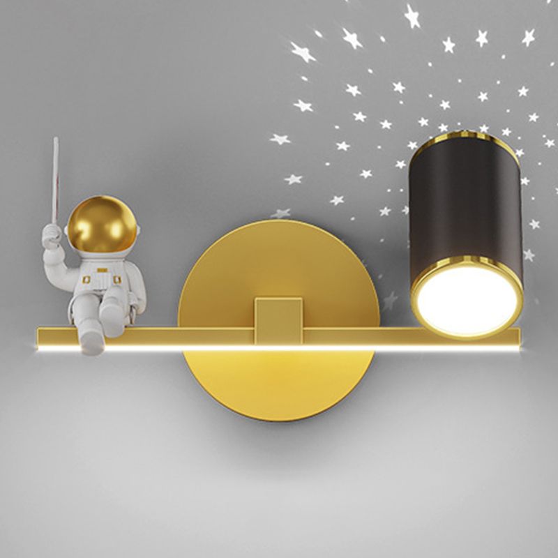 Kids Astronaut Wall Lamp Metal Sconce Lighting in Black and Gold for Bedroom