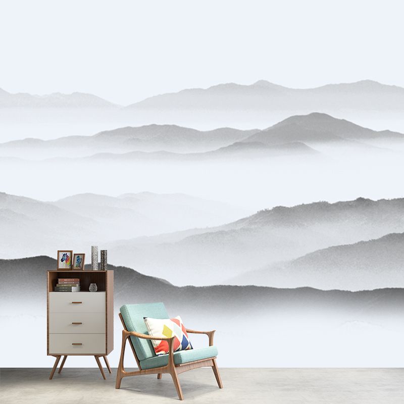 Asian Misty Mountain Mural Decal Soft Grey Living Room Wall Covering, Custom Size Available