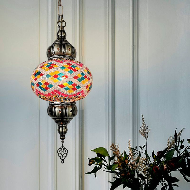 1 Head Cut Glass Ceiling Pendant Light Traditional Beige/Yellow/Blue Oval Dining Room Hanging Light Fixture