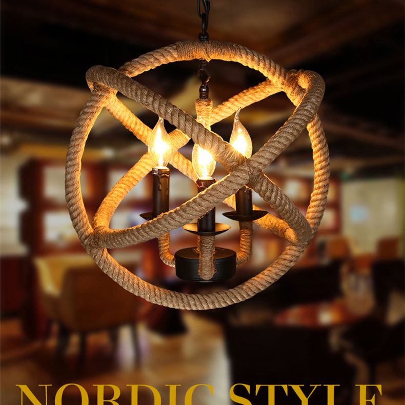 Globe Metal Pendant Lighting Industrial 3 Lights Hemp Rope  Chandelier Hanging Light Fixture in Black