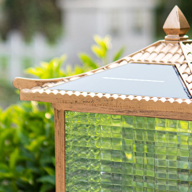 1-Light Pillar Lamp Square Solar Lighting Fixture with Glass Shade for Garden