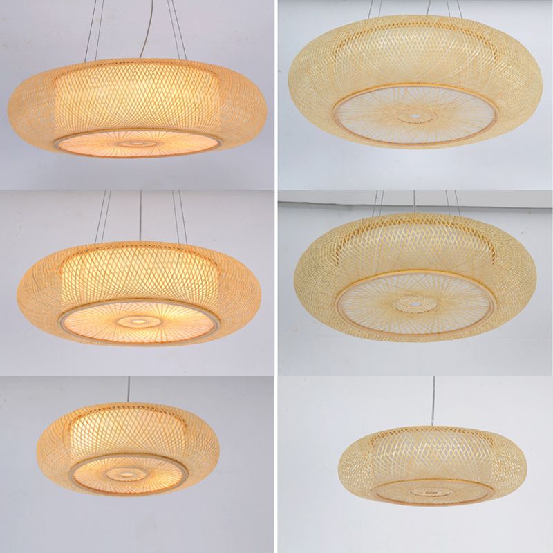 Rounded Drum Bamboo Pendant Lighting Fixture Modern Style Beige Hanging Light Fixture