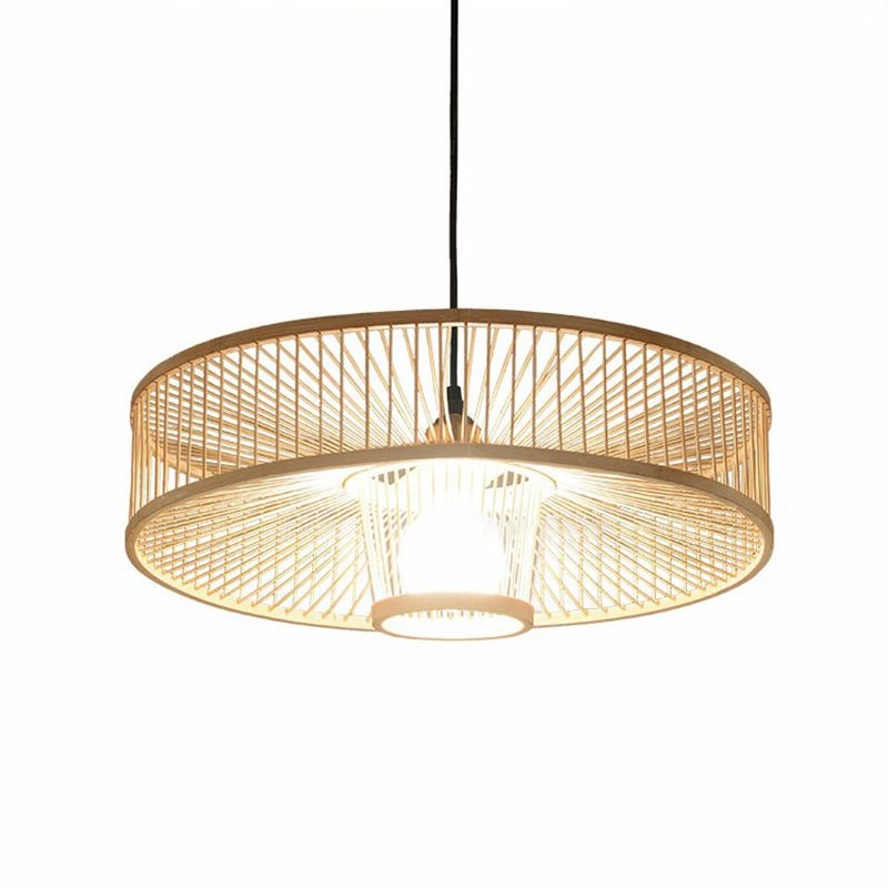 Round Pendulum Light Minimalist Bamboo Single-Bulb Bedroom Ceiling Pendant in Wood