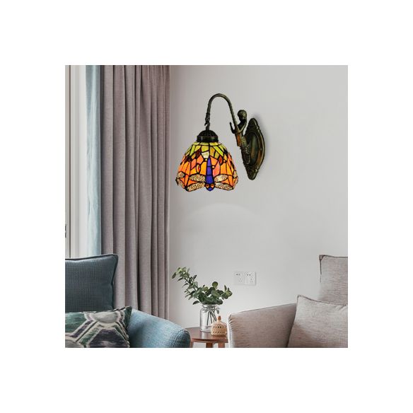Orange Dome Sconce Light Baroque 1 Head Stained Glass Wall Light Fixture with Dragonfly Pattern