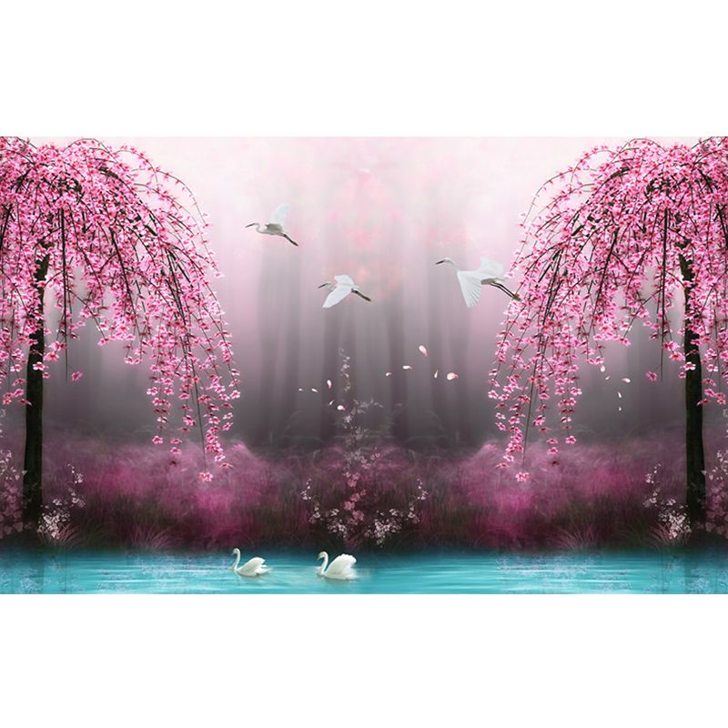 Beautiful Swan Lake Murals for Bedroom Cherry Blossom Wall Decor, Custom Size Available