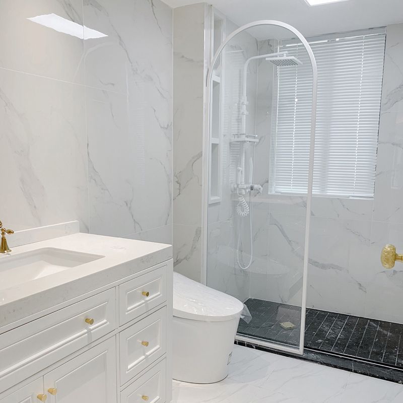 White Full Frame Single Fixed Panel, Half Partition Arched Waterproof Bathroom Screen
