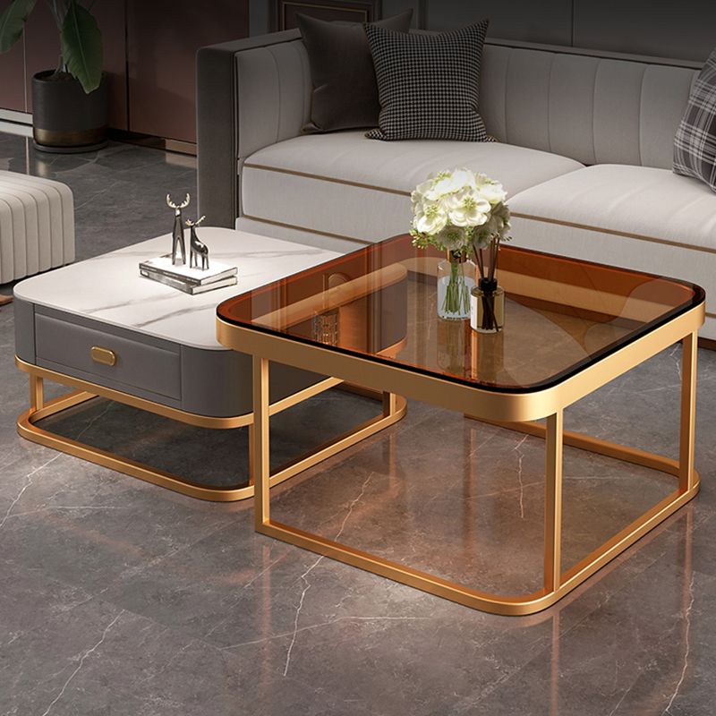 Modern Metal Frame Cocktail Table Square Glass / Slate Coffee Table with Drawer