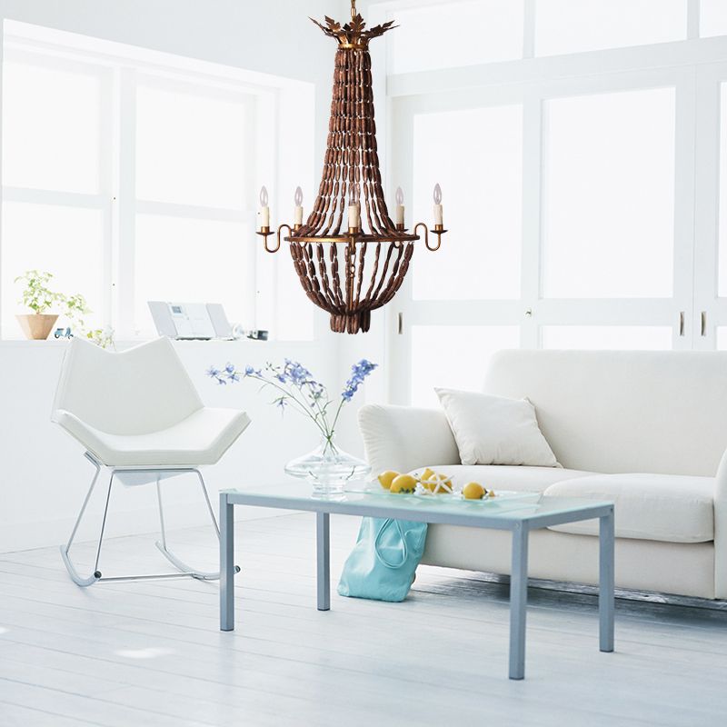 Empire Living Room Chandelier Lighting Vintage Wood 5 Lights Red Brown Pendant Light