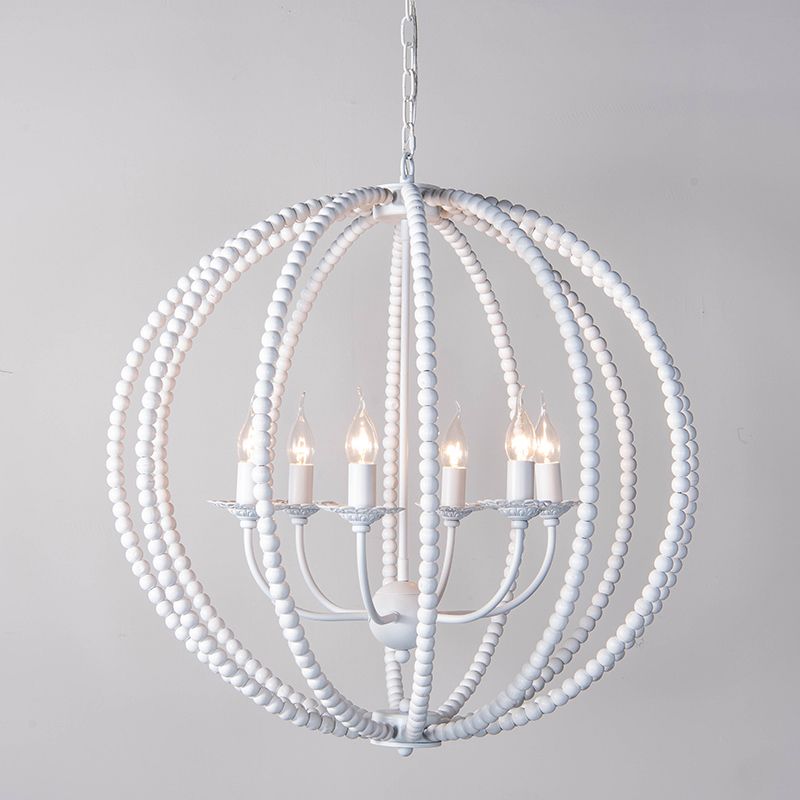 Wood Ceiling Chandelier Beaded Sphere Traditional Pendulum Light with Inner Candelabra Design
