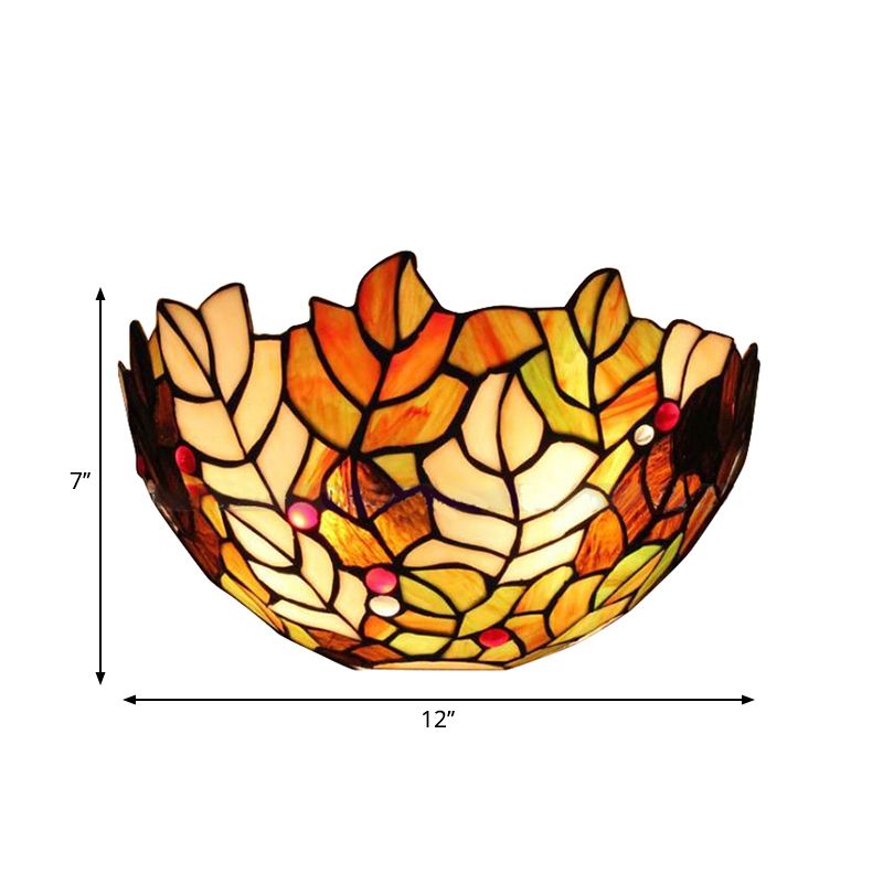 Leaf Wall Light with Stained Glass Bowl Shade 2 Bulbs Lodge Style Sconce Lighting
