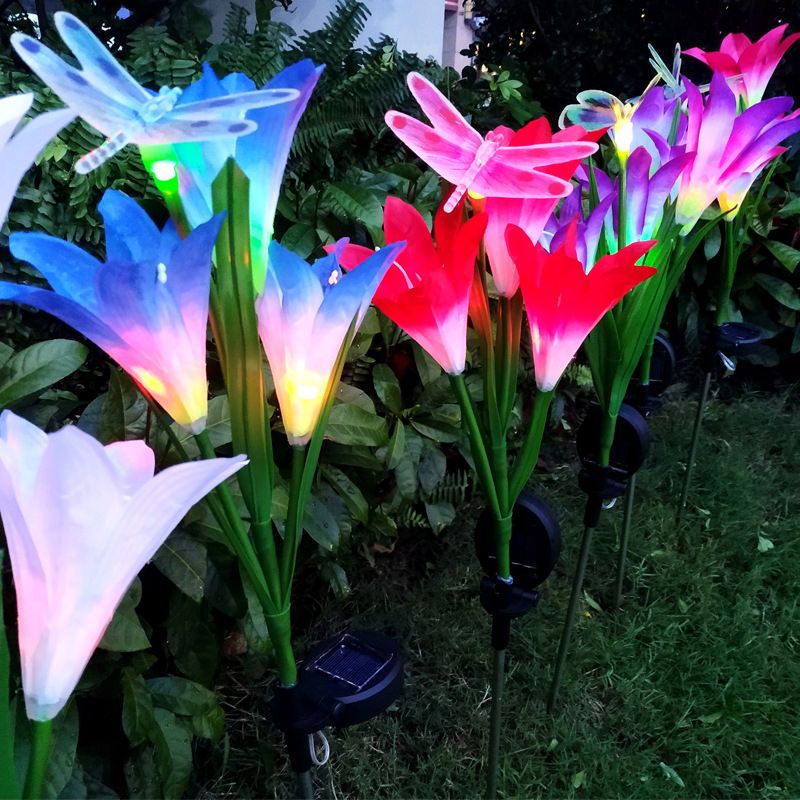 Lily Bouquet LED Lawn Light Contemporary Plastic Outdoor Solar Landscape Lighting, 2 Pcs