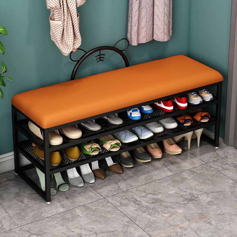 Modern Entryway Bench Cushioned Rectangle Metal Seating Bench with Shelves