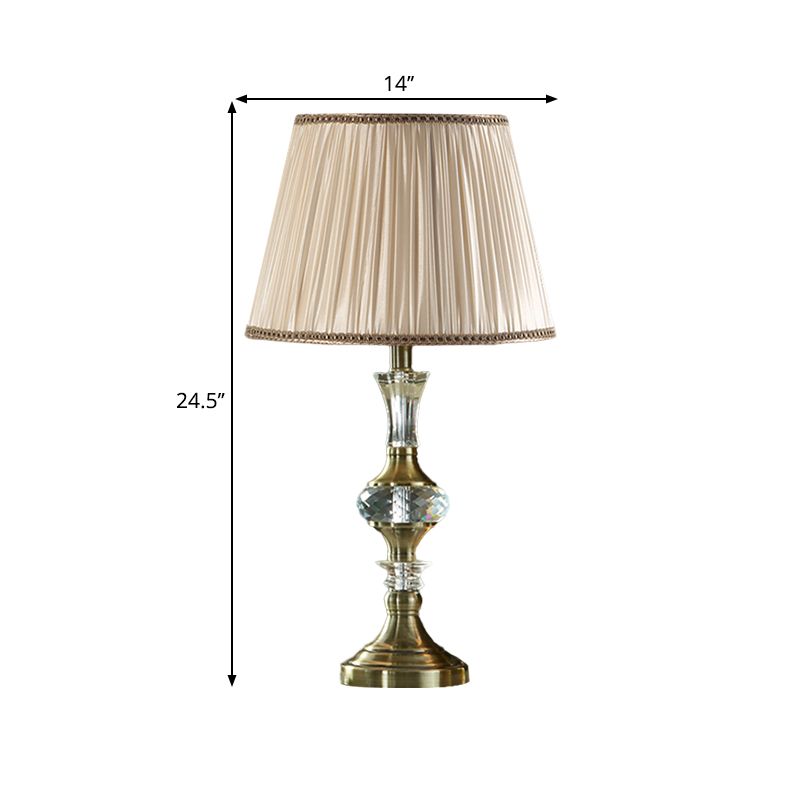 Fabric Beige Night Stand Lamp Tapered Pleated Shade 1 Bulb Traditional Table Light with Crystal Balls