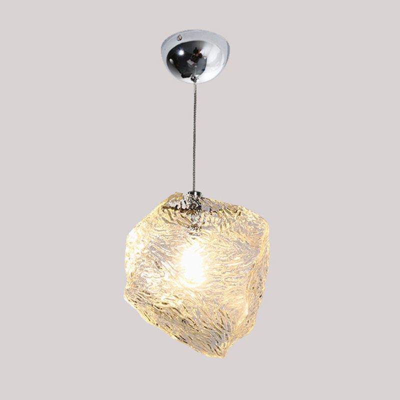 Icy Glass Stone Shaped Suspension Lamp Simplicity 1-Light Chrome Pendant for Dining Room