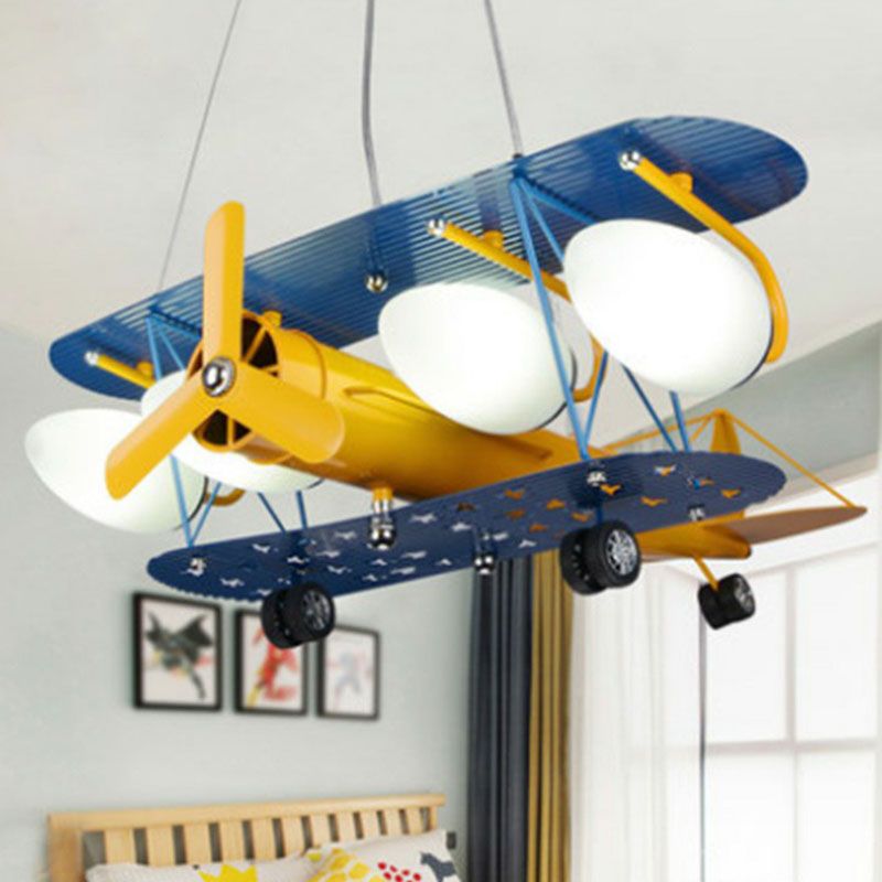 Jet Plane LED Suspension Light Kids Style Metallic Yellow Chandelier Lighting