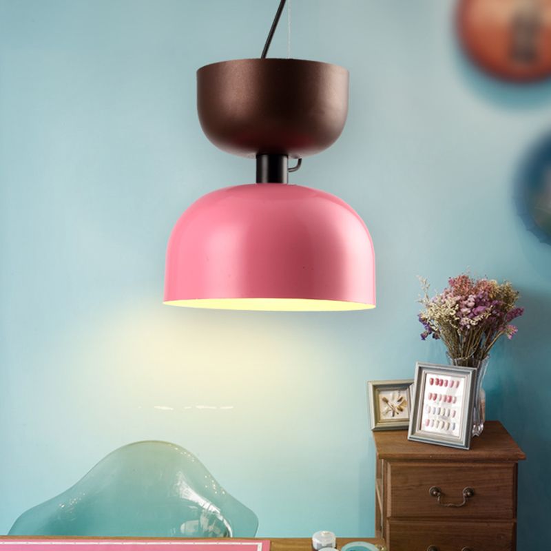 Metal Domed Pendant Light Contemporary 1 Head Suspended Lighting Fixture in Pink/Green