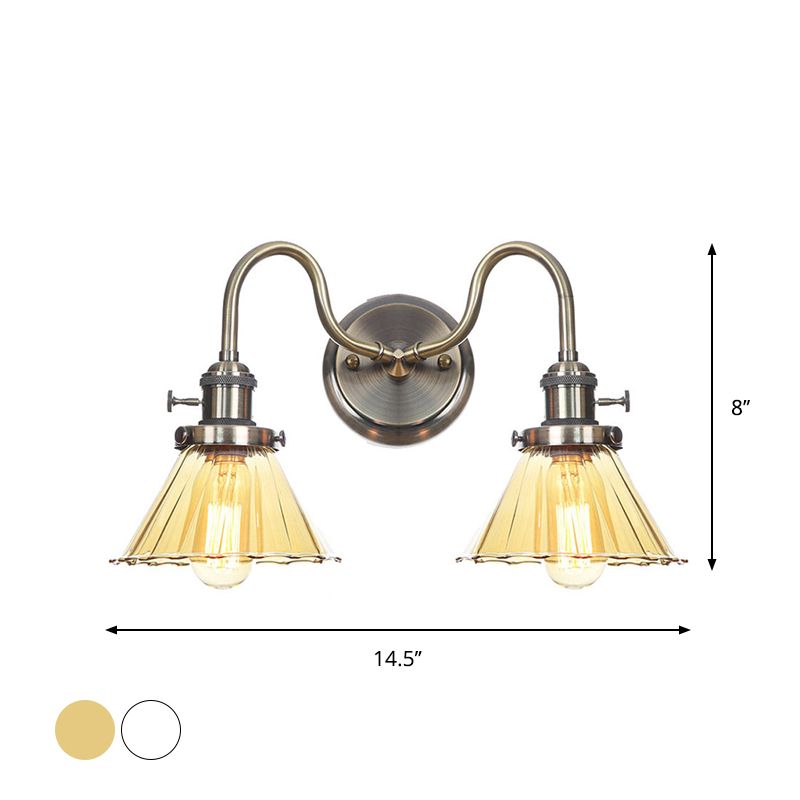 Amber/Clear Glass Diamond/Ball Wall Light Factory 2 Bulbs Living Room Wall Mounted Lighting with Undulated Arm in Bronze