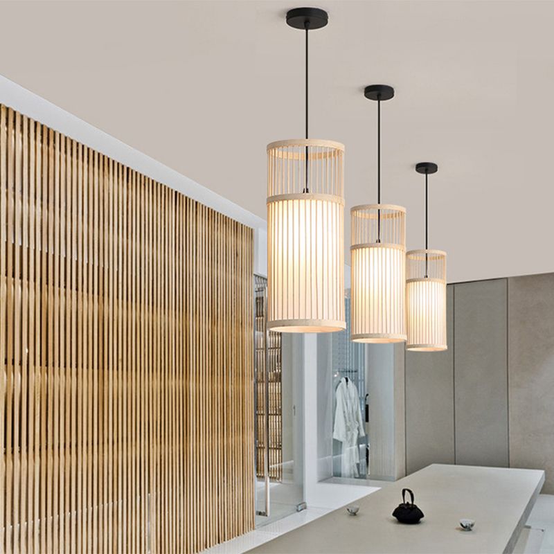 Einfacher 1-Licht-Anhänger Licht, Zylinder Bambuskäfig Schatten Anhängerlampe für das Restaurant