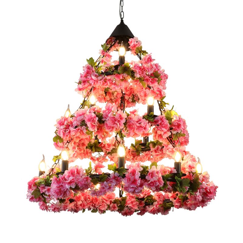 Rose Pink 18 Köpfe Kronleuchter Beleuchtung Vintage Metall 3 Ebenen LED -Suspension Anhänger mit Blumendekoration