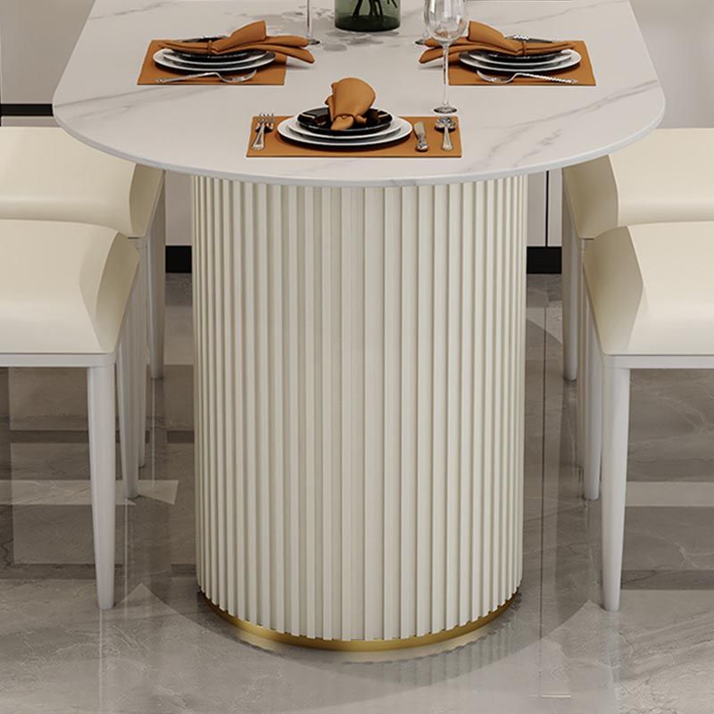 Contemporary Oval Dining Table Stone and Metal Double Pedestal Dining Table in White
