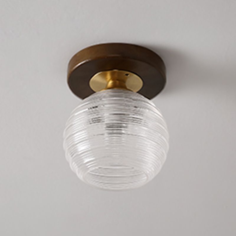 Modern Wood Ceiling Light Geometric Shape Flush Mount with Glass Shade for Living Room