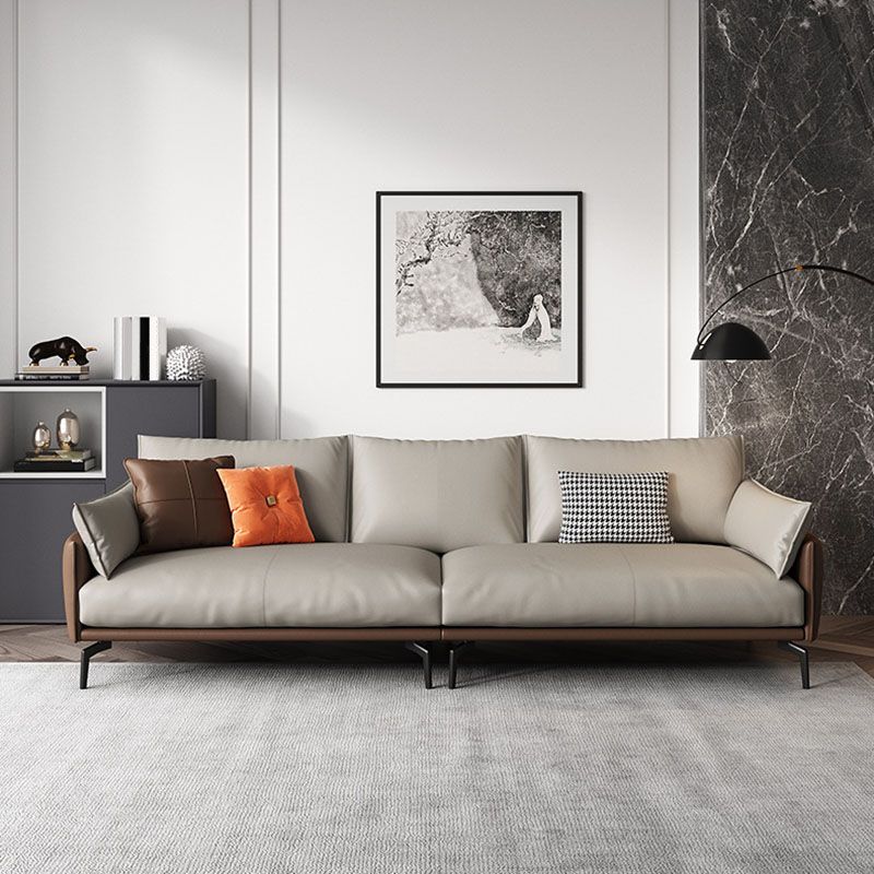 Pillow Top Arm Sofa Modern Leather Sofa in Brown with Metal Legs
