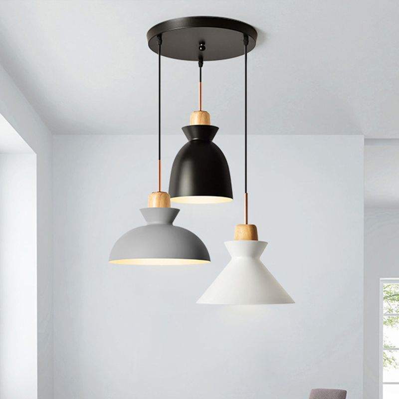 3 Bulbs Pendant Lighting with Shade Metal and Wood Nordic Style Indoor Ceiling Light Fixture in Black