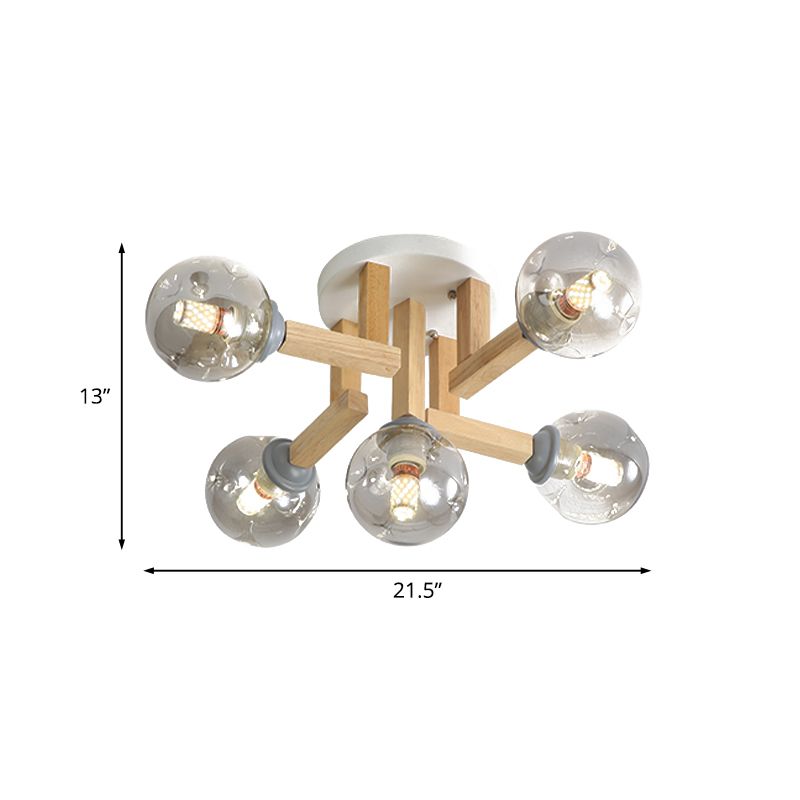 Modernisme Globe Semi-inbouwlamp Rookgrijs Glas 5/7 lampen Slaapkamer Plafondgemonteerde lamp met gebogen houten arm