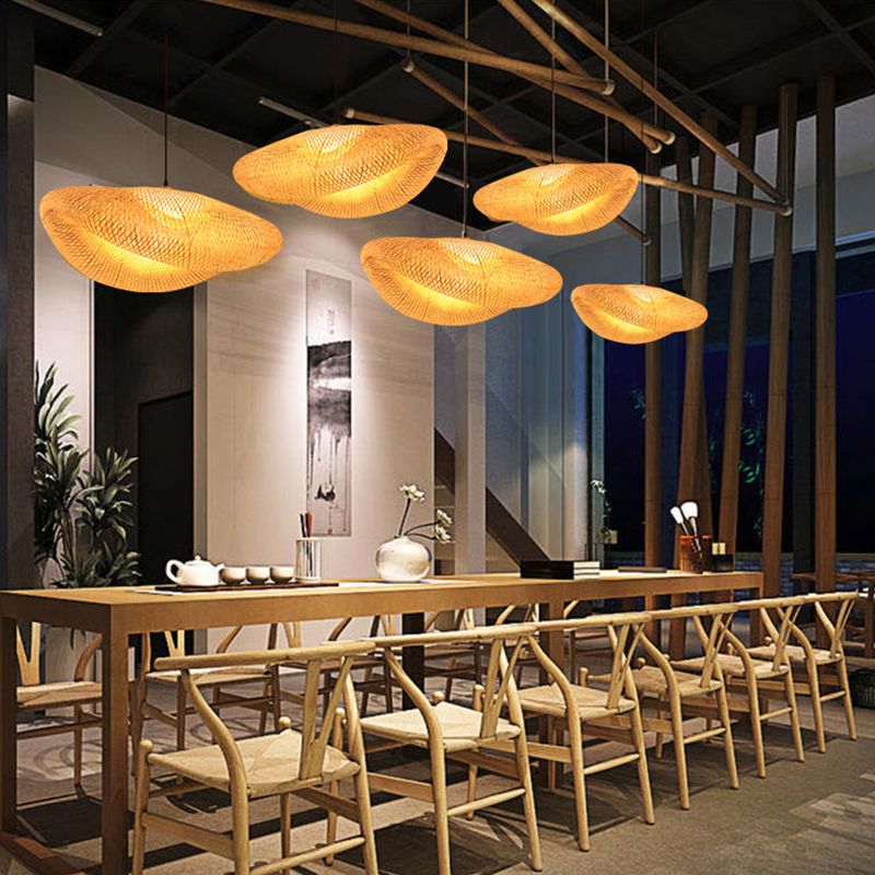 1-Light Pendant Lamp South-East Asia Style Hat Shape Bamboo Chandelier Kitchen Lamps