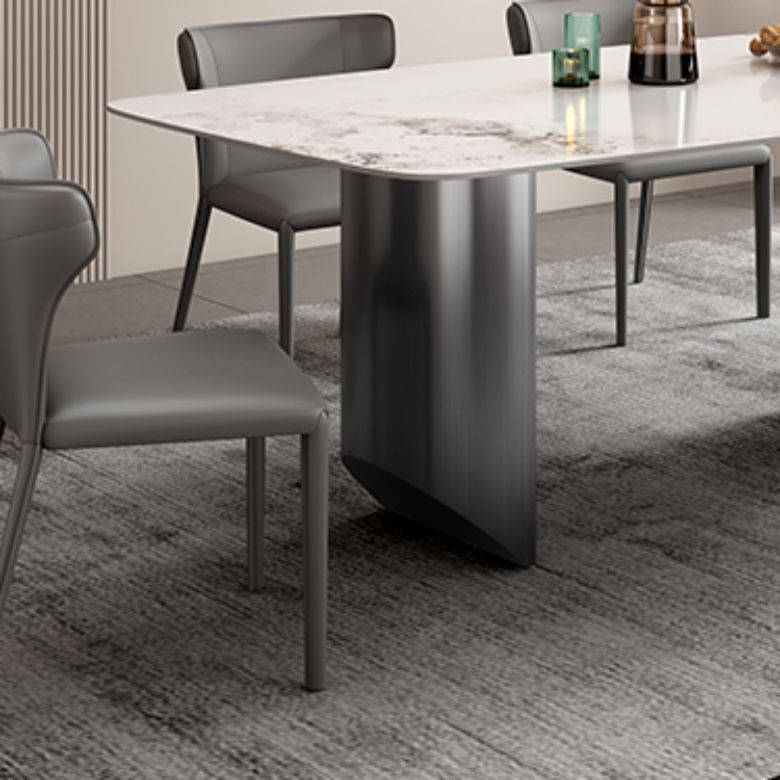 Modern Rectangular Stone Top Dining Table Double Pedestal Metal Base