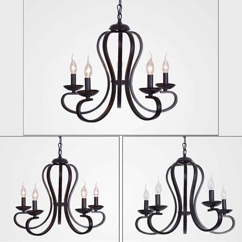 Black Swirled Arm Pendant Lighting Classic-Style Metal 3/5/6 Lights Living Room Chandelier