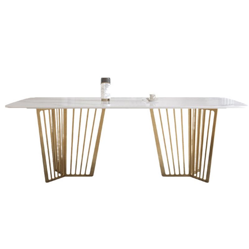 Luxury Sintered Stone Top White Table Rectangle Dining Table with Gold Double Pedestal
