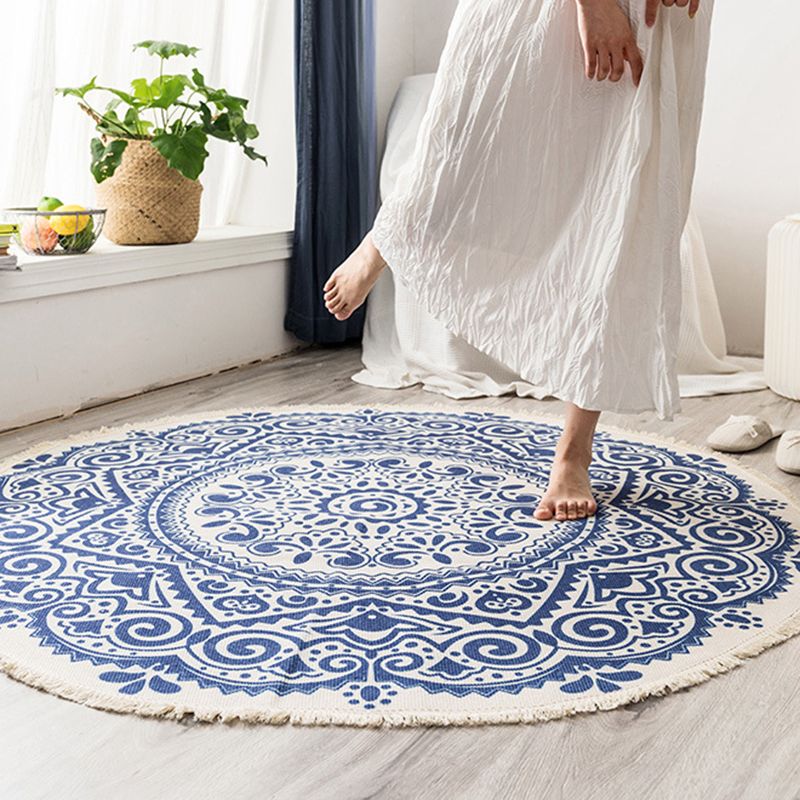 Tapis d'intérieur rond Simple en coton, ton blanc, octogonal, imprimé de fleurs, à franges, pour salon