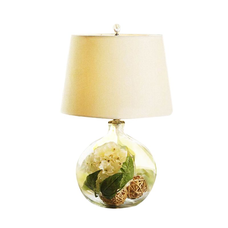 Fabric White Nightstand Light Tapered 1-Light Industrial Night Lamp with Flower and Rattan Ball Decor