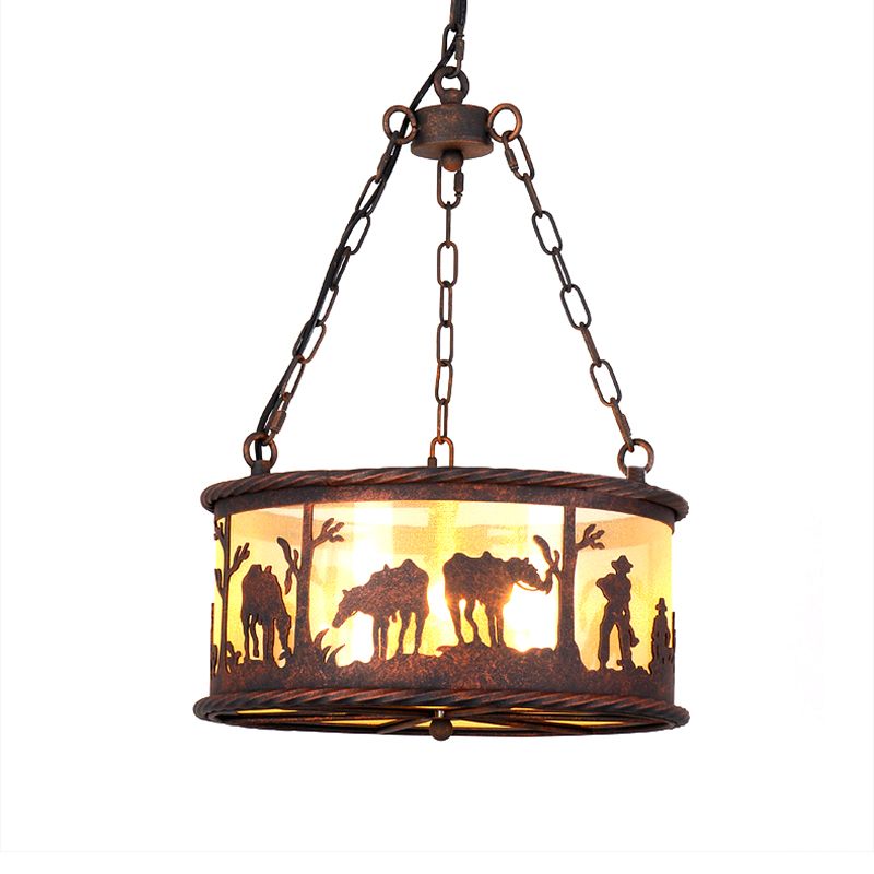 3 Bulb Ceiling Lamp Drum Shade Metal and Fabric Vintage Dining Room Chandelier Pendant Light in Rust with Animal Pattern