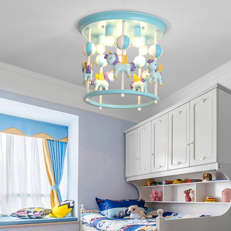 Cartoon Merry-Go-Round Semi Flush Resin 6 Heads Dormitorio Flush Lighting Lights
