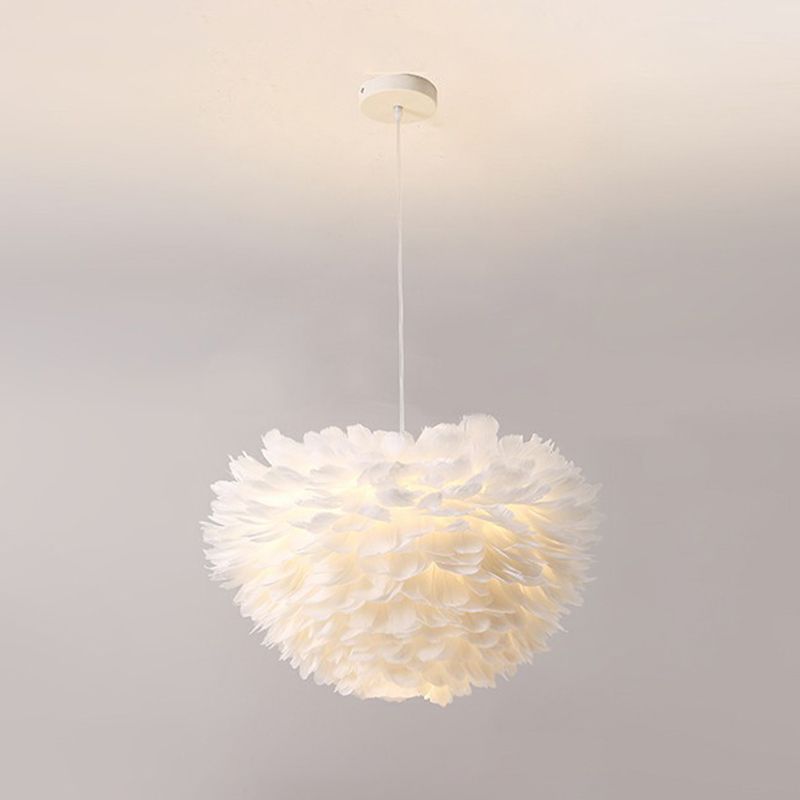 Simplicity Round Chandelier Pendant Light Feather Girls Bedroom Hanging Light in White